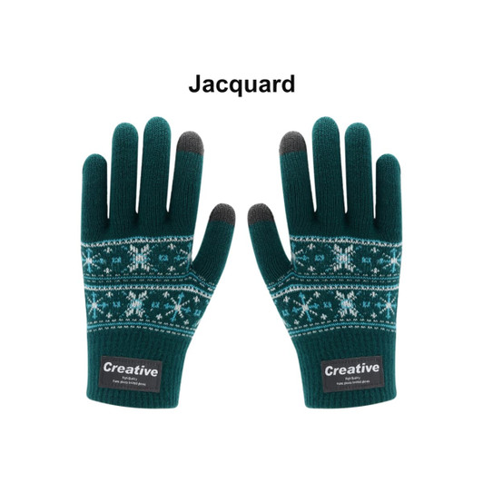 A pair of teal jacquard gloves with a snowflake pattern and grey fingertips, featuring a logo label.