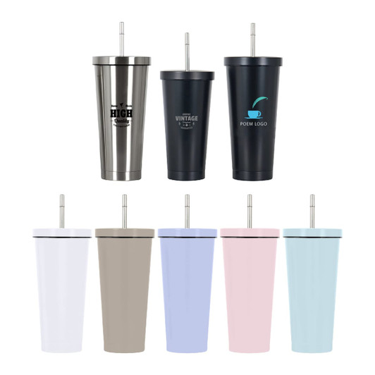 A drink bottle display featuring stainless steel tumblers in various colours: white, beige, pink, blue, and insulated designs with straws.