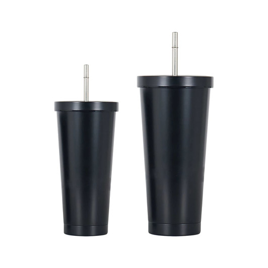 A drink bottle set featuring two black double wall stainless steel tumblers with straws, one larger than the other.
