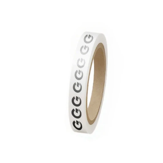 A roll of white BOPP packaging tape featuring a black logo pattern. The tape is cylindrical in shape.
