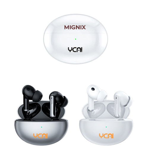 Active noise cancelling wireless earbuds in black and white, stored in a sleek charging case with a logo.