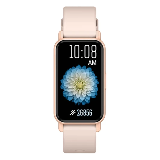 A slim smart watch in gold and beige, featuring a floral design on the display and a logo on the side.
