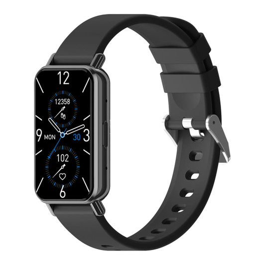 A slim black smartwatch features a rectangular display with blue accents, showing time and health metrics.