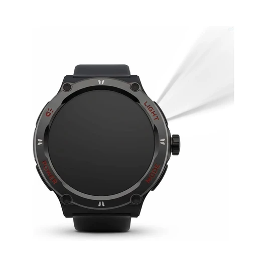 A black smart watch with a round face, featuring buttons and a logo on the side.