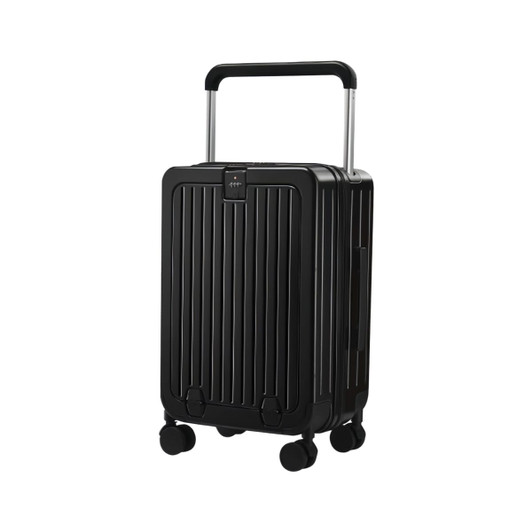 A hardside suitcase in black, featuring a vertical ribbed design, retractable handle, and wheels for mobility.