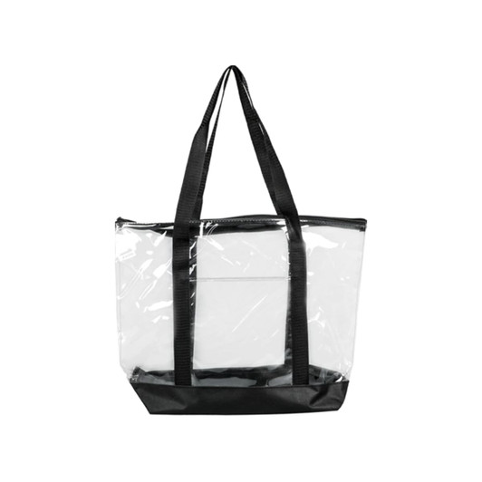 A large clear zippered tote bag with black handles and a black base, featuring a logo.