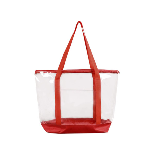 A large clear zippered tote bag with red handles and a textured base. Branding is visible on the bag.