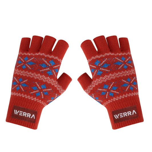 Red fingerless gloves featuring a patterned design in blue and white, with a logo on the wrist area.