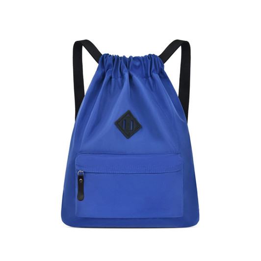 A blue lightweight drawstring backpack with black straps and a front zip pocket. It features a small logo.