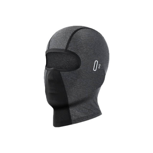 A grey breathable balaclava cycling face mask with a mesh panel and eye openings, featuring a logo.