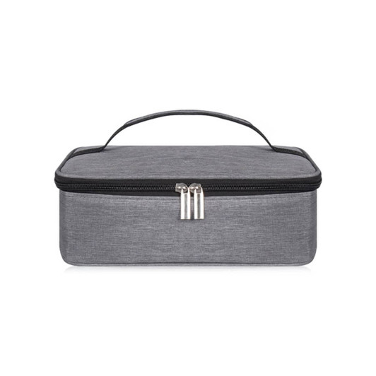 A grey portable thermal insulated lunch bag with a zipper closure and a handle on top.