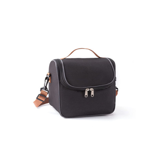 A black lunch bag with a handle and adjustable strap, featuring a zippered opening and a sturdy design.
