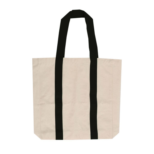 A cream canvas tote bag with black handles and a logo. Suitable for personalised designs.