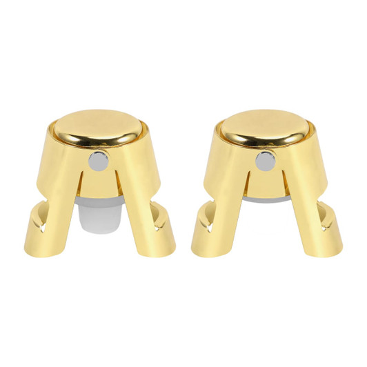 A stainless steel champagne stopper in gold, featuring a sleek design with a shiny finish and a small logo.