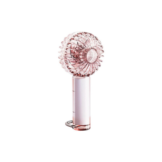 A transparent pink fan featuring an LED light, with a decorative circular design and a cylindrical handle.