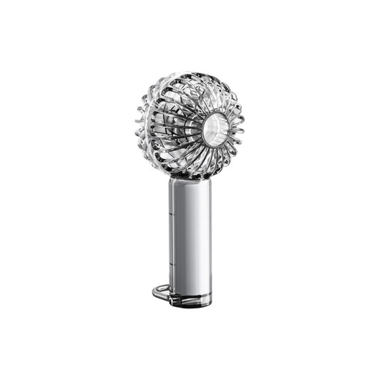 A transparent handheld fan with a round design and LED light, featuring a silver handle.