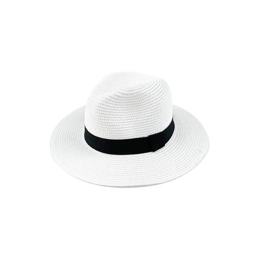 A white sun hat with a black band, featuring a wide brim and a smooth texture. It has a logo on the inside.