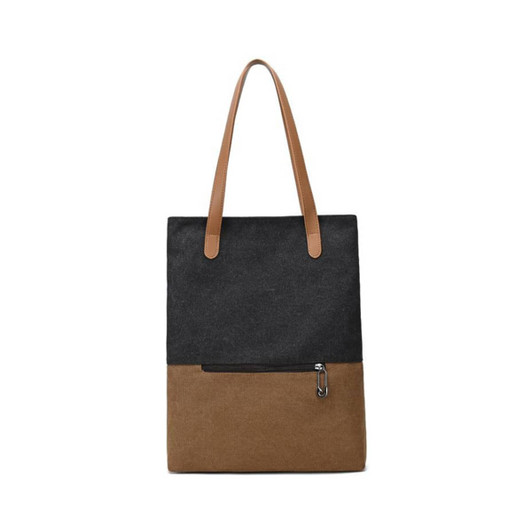 A black and brown convertible canvas backpack to tote bag, featuring a zippered pocket and long straps.