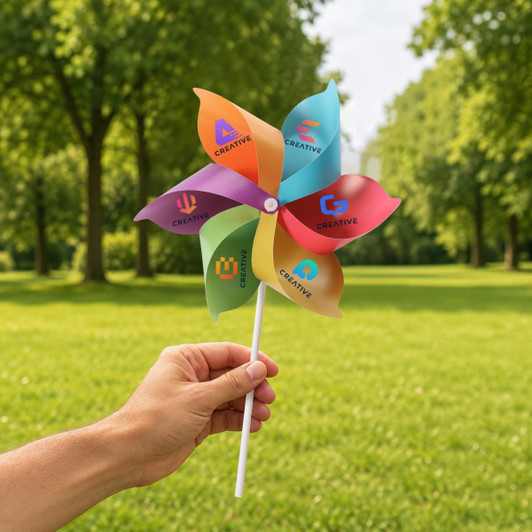 A hand holds a colourful six-leaf pinwheel with various designs, set against a green park backdrop.