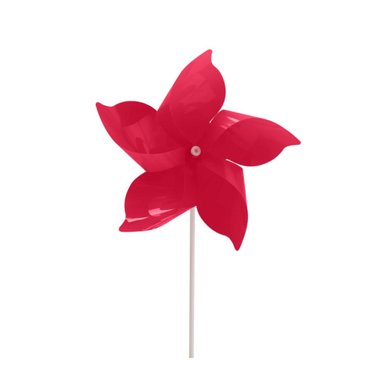 A five-leaf pinwheel in bright pink, mounted on a white stick, with a simple design and a glossy finish.