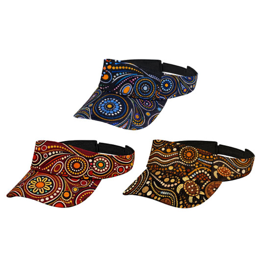 Three visors in various colours featuring intricate Aboriginal-inspired designs, each with a black adjustable strap.