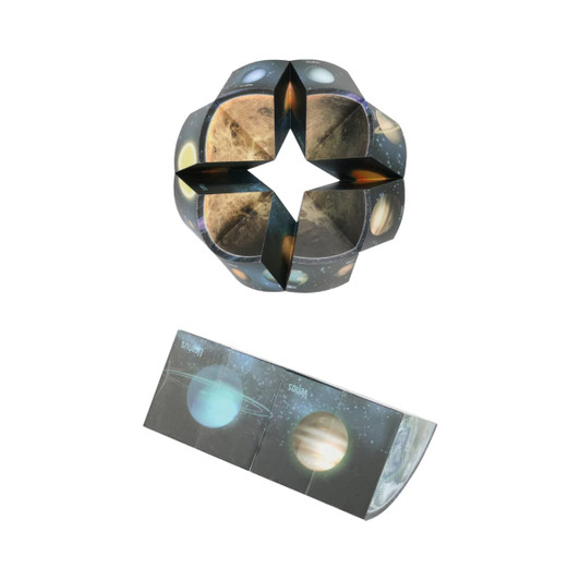 A 3D puzzle disc featuring images of planets, with a star shape and vibrant colour design. It includes a foldable component.