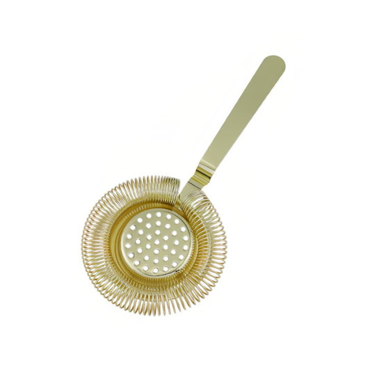 A round cocktail strainer in gold with a coiled handle and perforated base. It has a sleek, shiny finish.