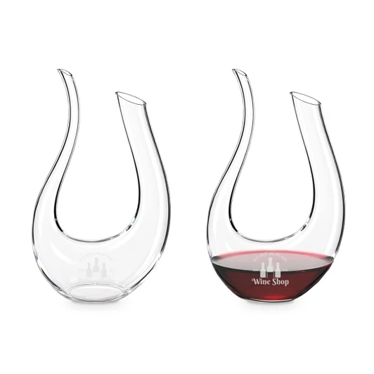 A U-shaped wine decanter made of clear glass, featuring a logo and filled with red wine.