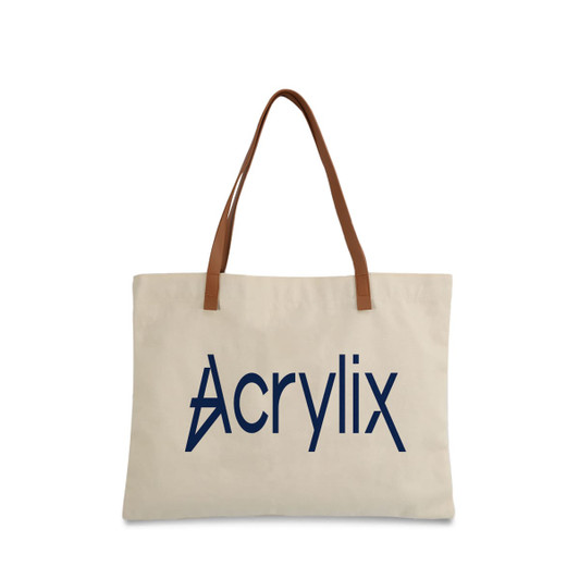 A canvas bag in beige with brown leather straps and a logo in navy blue.