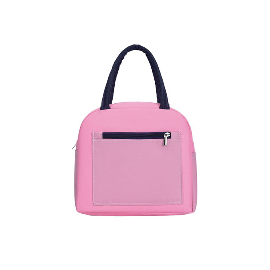 A pink insulated lunch bag with a navy blue handle and a front zippered pocket. It features a plain design and a logo.