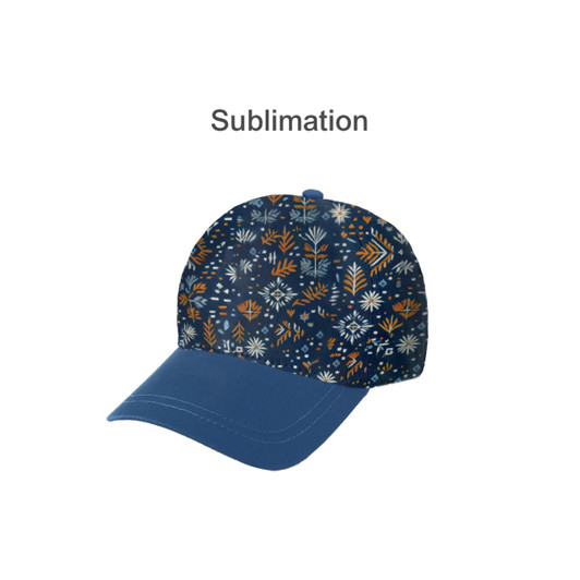 A blue and patterned 5 panel cap featuring floral designs in navy and orange tones, with a logo.