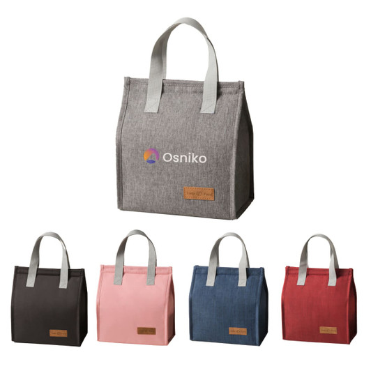 A grey minimalist lunch bag with two handles, surrounded by brown, pink, blue, and red versions, featuring a logo.