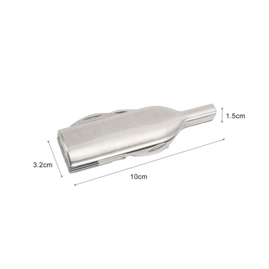 A stainless steel wine bottle opener features a sleek, streamlined design with multiple functions. It includes a logo.