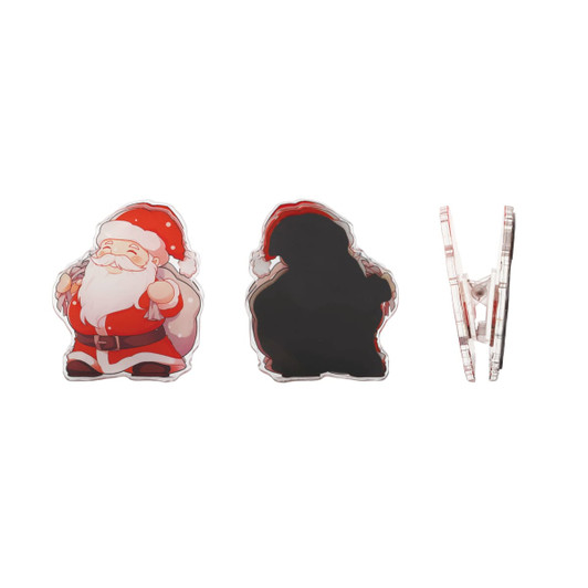 A festive acrylic magnetic clip in the shape of Santa Claus, featuring red and white colours with a logo on one side.