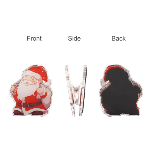 A holiday-themed acrylic magnetic clip featuring a Santa design, displayed from the front, side, and back.