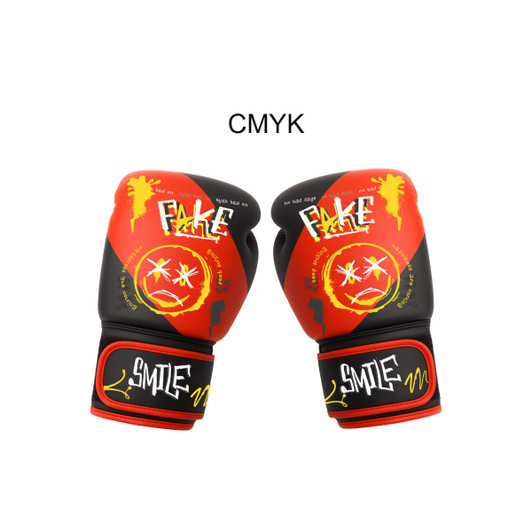 Vibrant red and black kids boxing gloves featuring playful graphics and branding elements.