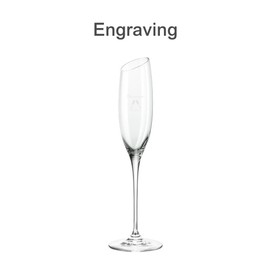 A slanted champagne glass with a clear finish, featuring a tall stem and an engraving area.