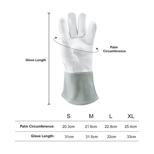 Heat resistant gloves in grey and white, featuring a palm circumference measurement and sizes: S, M, L, XL.