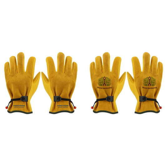 A pair of yellow cowhide gardening gloves with adjustable wrist straps, featuring a logo on one glove.