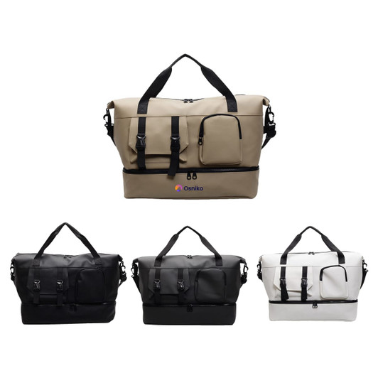 A travel weekender bag in beige, black, and white, featuring adjustable straps and a front pocket. It has a logo.
