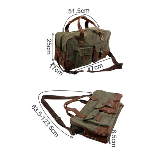 A vintage canvas duffle bag in olive green with brown leather accents, featuring multiple pockets and adjustable straps.