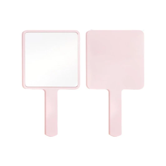 A handheld square mirror with a pink frame and handle, featuring a reflective surface on one side.