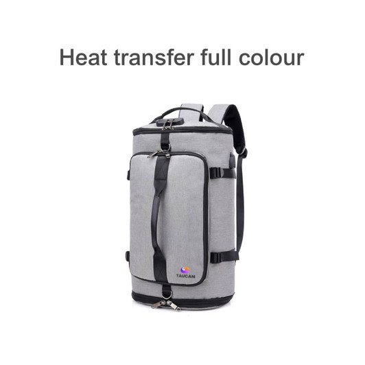 A grey convertible bucket backpack duffel bag with multiple compartments and a logo displayed on the front.
