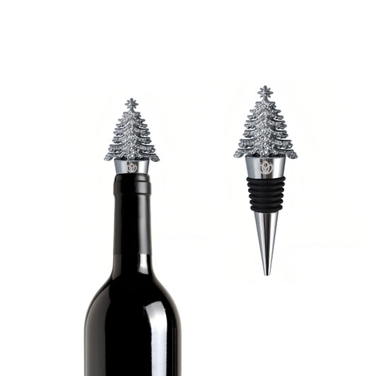 A drink bottle with a silver Christmas tree wine stopper, featuring a sleek metal design and a black rubber seal.