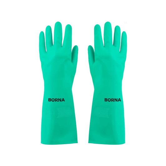 A pair of green reusable nitrile gloves with a logo on one side, designed for cleaning tasks.