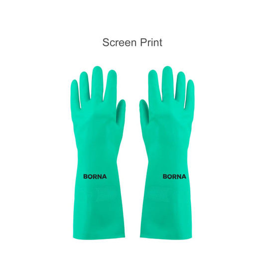 Reusable cleaning nitrile gloves in vibrant teal, featuring a logo on the wrist area.
