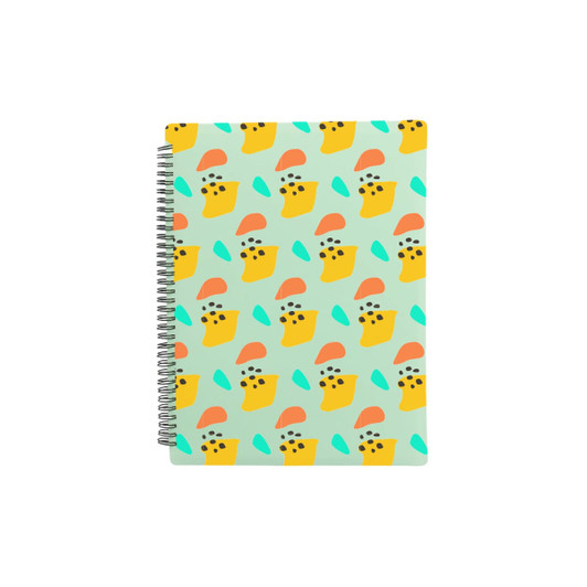 A loose-leaf folder featuring a mint green background with colourful abstract shapes in yellow, orange, and aqua, with a spiral binding.