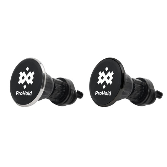 Round car hook brackets in black and chrome finishes, featuring a logo on each.