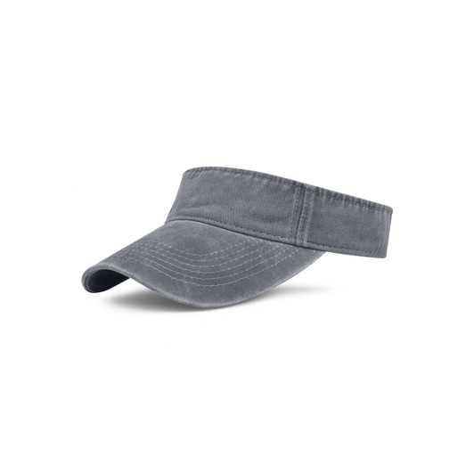 A grey washed sun visor with a wide brim and an adjustable band, featuring a logo on the side.