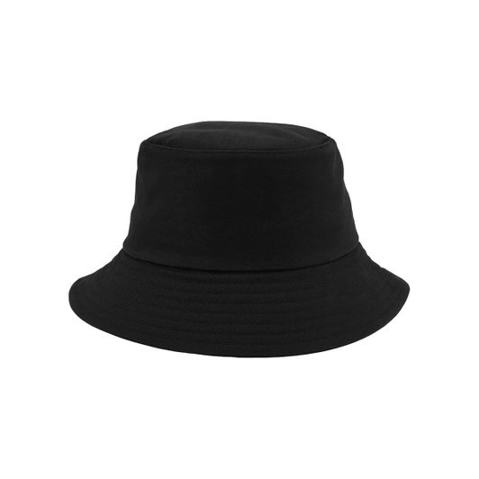 A black cotton bucket hat with a simple design and an unembellished brim. It features a branding logo.